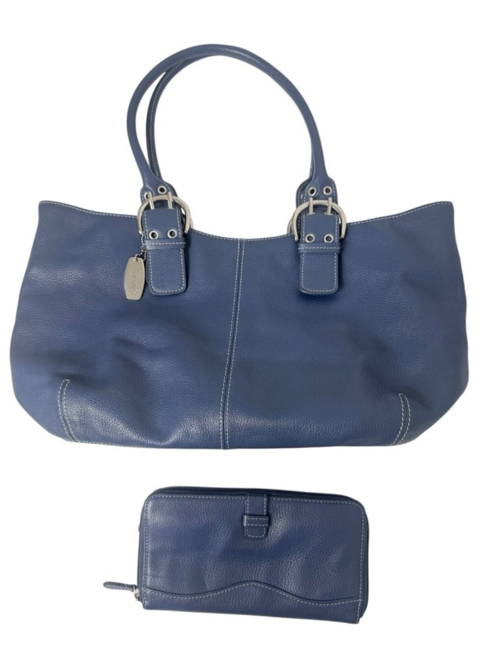 Tignanello Genuine Leather Navy Blue Tote Handbag Shoulder Bag and Wallet